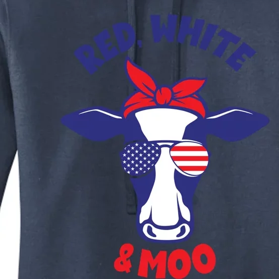 Patriotic 4th Of July Tee Red White And Moo Patriotic Cow Gift Women's Pullover Hoodie