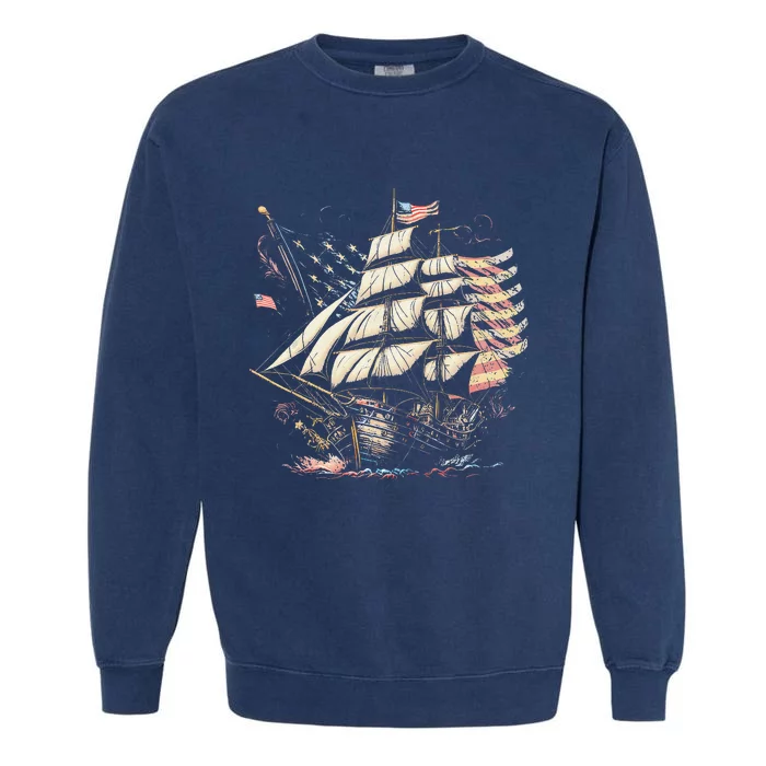 Pirate 4th of July American Flag USA America Funny Ship Boat Garment-Dyed Sweatshirt