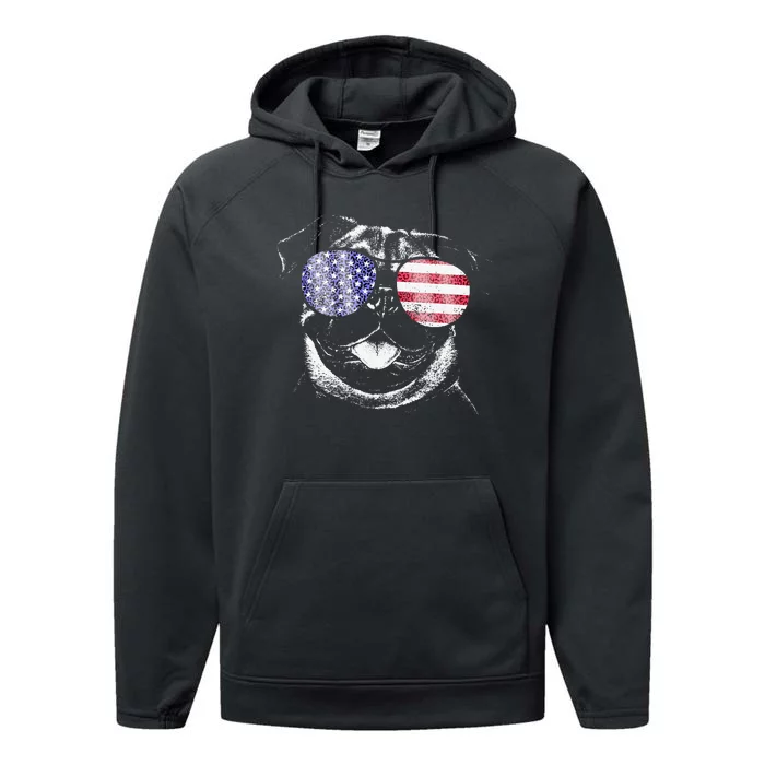 Pug 4th Of July USA American Flag Dog Dad Mom Lover Vintage Performance Fleece Hoodie