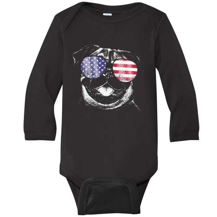 Pug 4th Of July USA American Flag Dog Dad Mom Lover Vintage Baby Long Sleeve Bodysuit