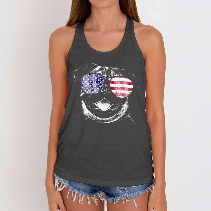 Pug 4th Of July USA American Flag Dog Dad Mom Lover Vintage Women's Knotted Racerback Tank