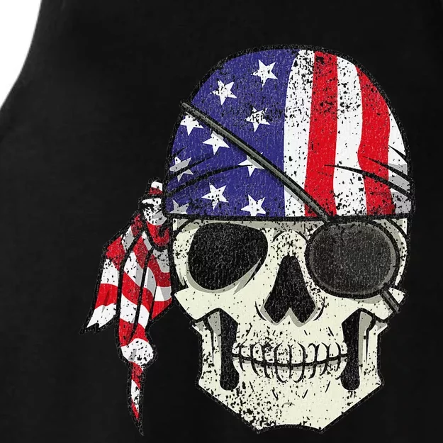 Pirate 4th of July Distressed USA Skull American Flag Ladies Tri-Blend Wicking Tank