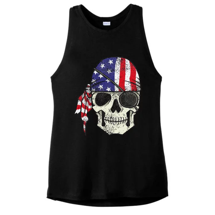 Pirate 4th of July Distressed USA Skull American Flag Ladies Tri-Blend Wicking Tank