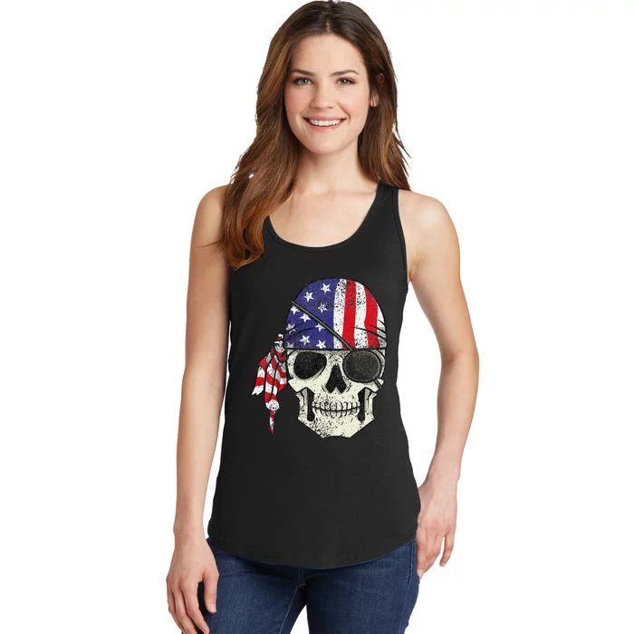 Pirate 4th of July Distressed USA Skull American Flag Ladies Essential Tank