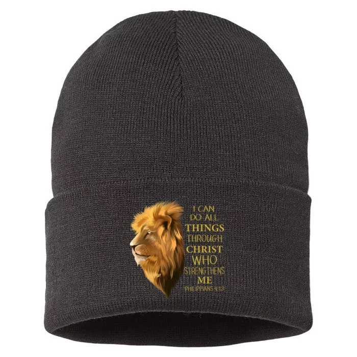 Philippians 413 Religious Lion Verses Funny Christian Gift Sustainable Knit Beanie