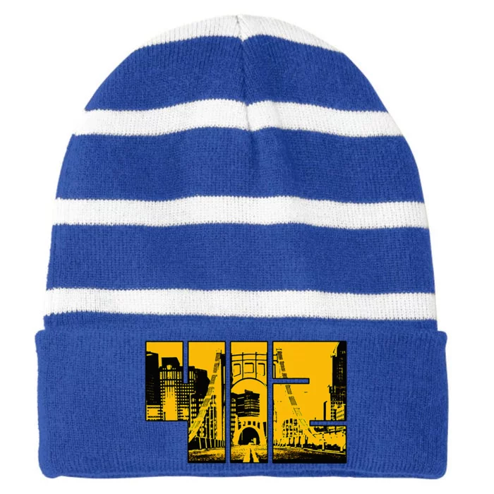 Pittsburgh 412 Steel City Skyline Pennsylvania Home Pride Striped Beanie with Solid Band