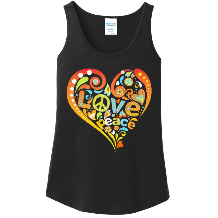 Pretty 60s 70s Hippie Peace Love Heart Peace Sign Ladies Essential Tank