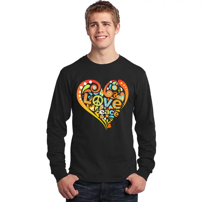 Pretty 60s 70s Hippie Peace Love Heart Peace Sign Tall Long Sleeve T-Shirt