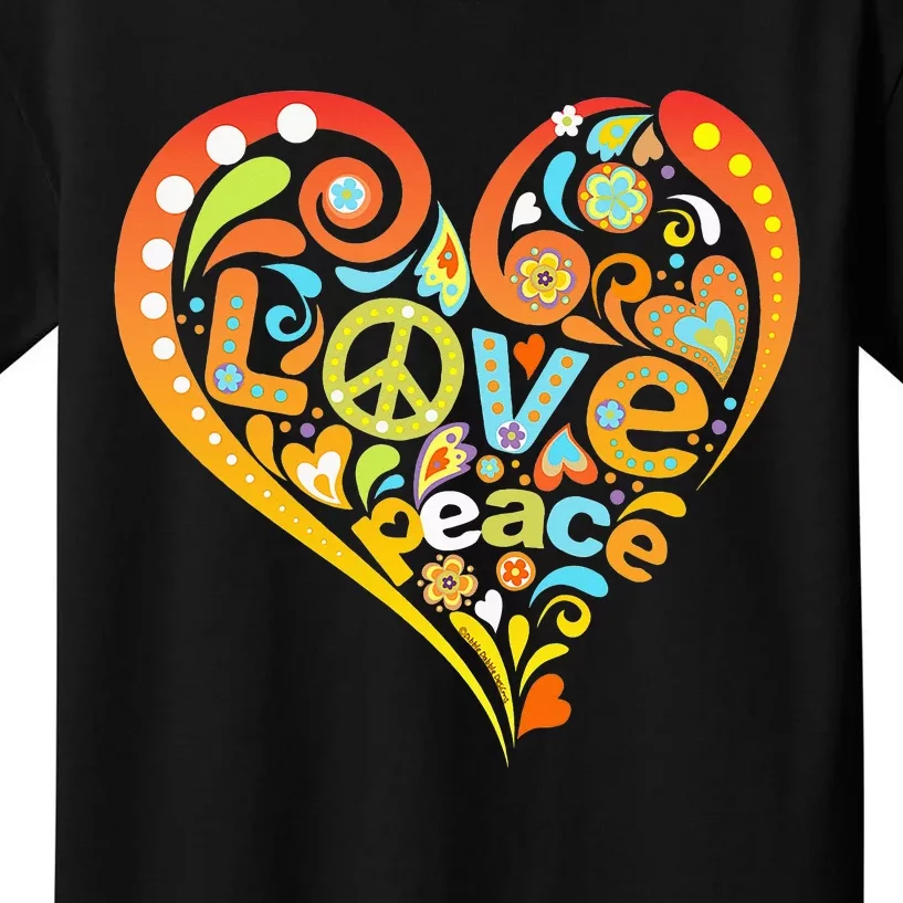 Pretty 60s 70s Hippie Peace Love Heart Peace Sign Kids T-Shirt