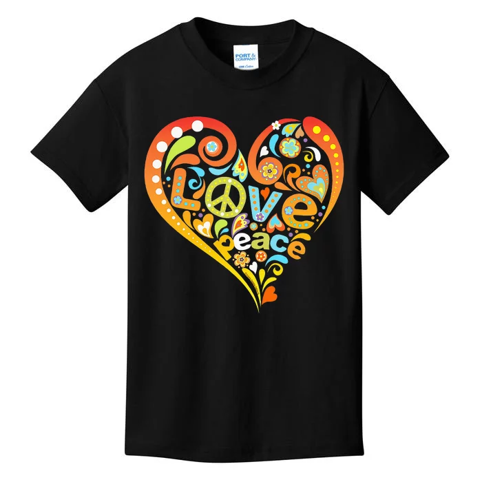 Pretty 60s 70s Hippie Peace Love Heart Peace Sign Kids T-Shirt