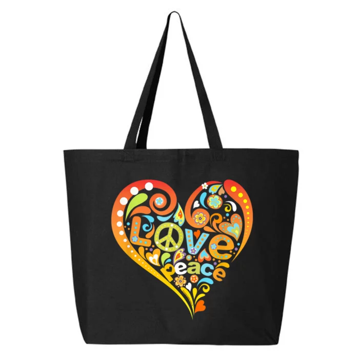 Pretty 60s 70s Hippie Peace Love Heart Peace Sign 25L Jumbo Tote