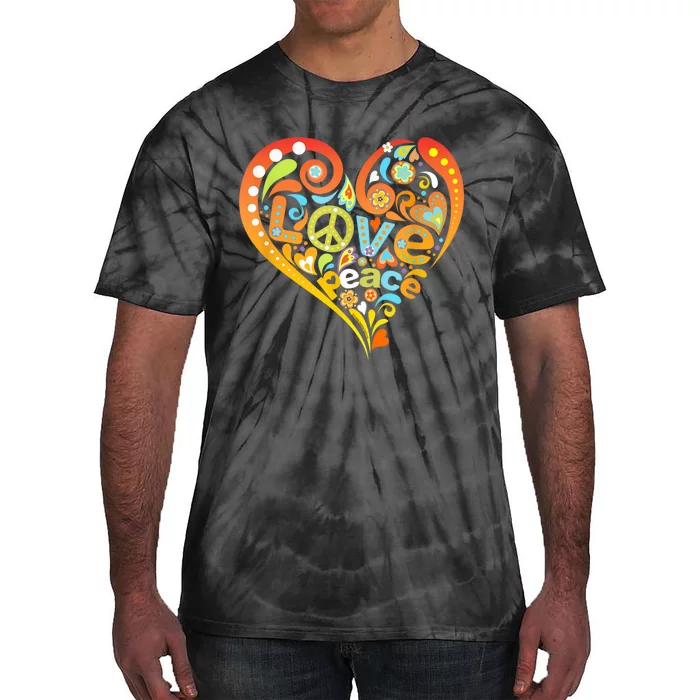 Pretty 60s 70s Hippie Peace Love Heart Peace Sign Tie-Dye T-Shirt