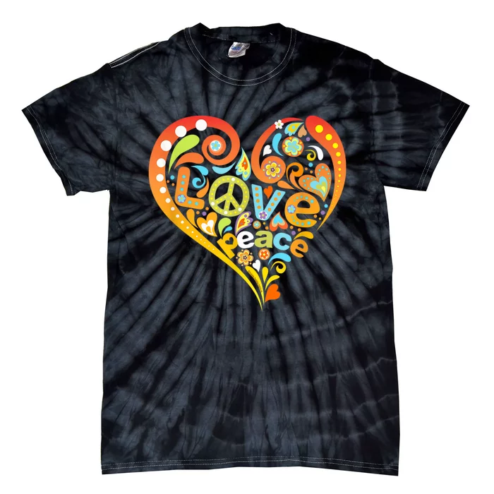 Pretty 60s 70s Hippie Peace Love Heart Peace Sign Tie-Dye T-Shirt