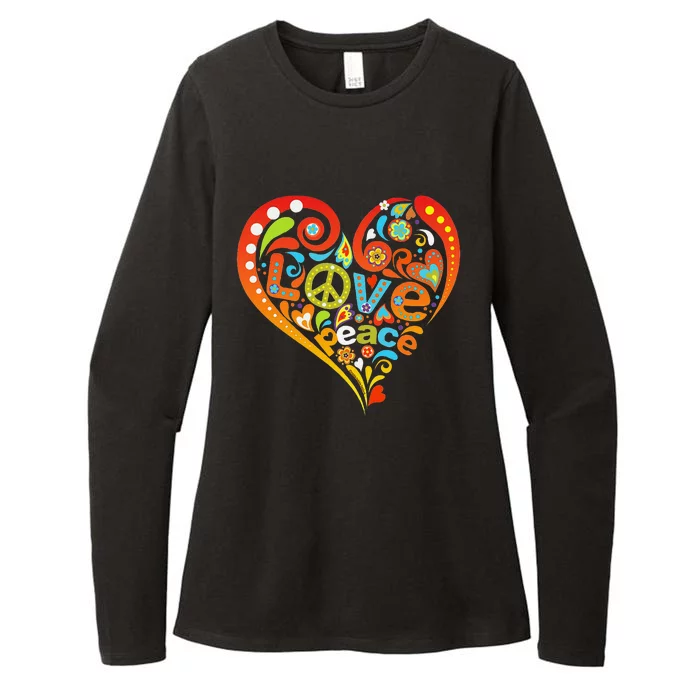 Pretty 60s 70s Hippie Peace Love Heart Peace Sign Womens CVC Long Sleeve Shirt