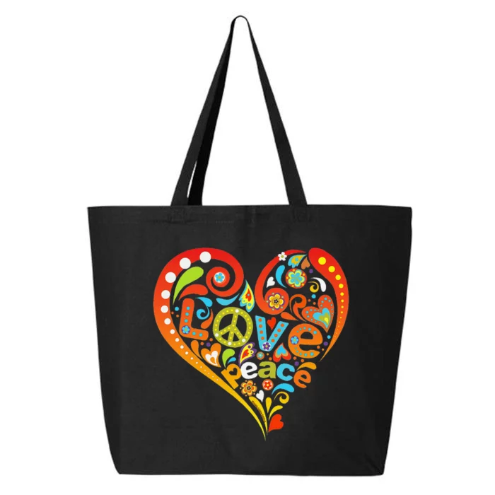 Pretty 60s 70s Hippie Peace Love Heart Peace Sign 25L Jumbo Tote