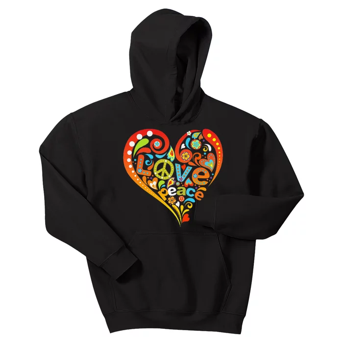 Pretty 60s 70s Hippie Peace Love Heart Peace Sign Kids Hoodie