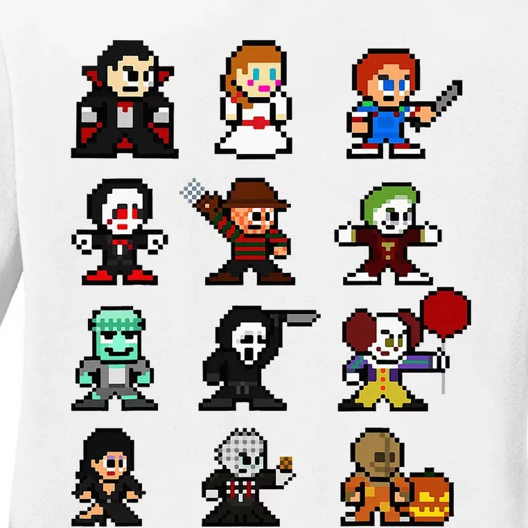 Pixel Art 8bit Horror Halloween Scary Character Ladies Long Sleeve Shirt