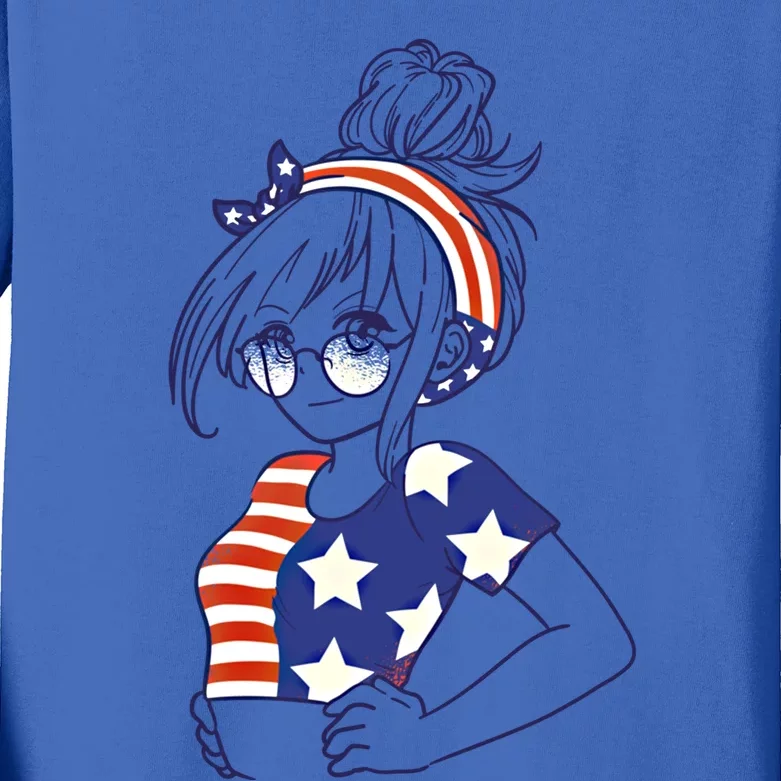 Proud American Anime American Flag United States Pride Gift Kids Long Sleeve Shirt