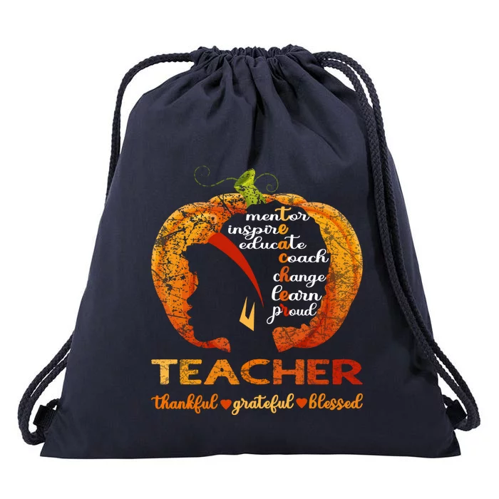 Pumpkin Afro American Teacher Thankful Grateful Blessed Gift Drawstring Bag