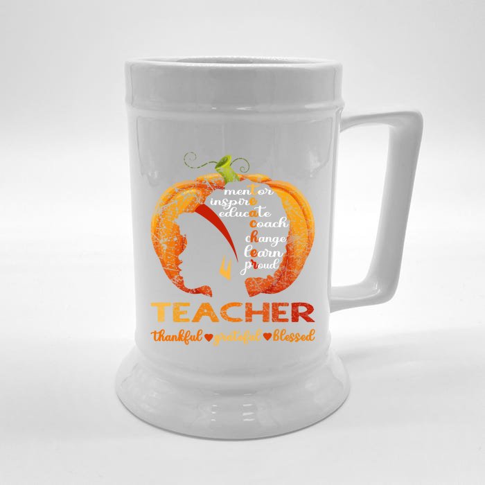 Pumpkin Afro American Teacher Thankful Grateful Blessed Gift Front & Back Beer Stein