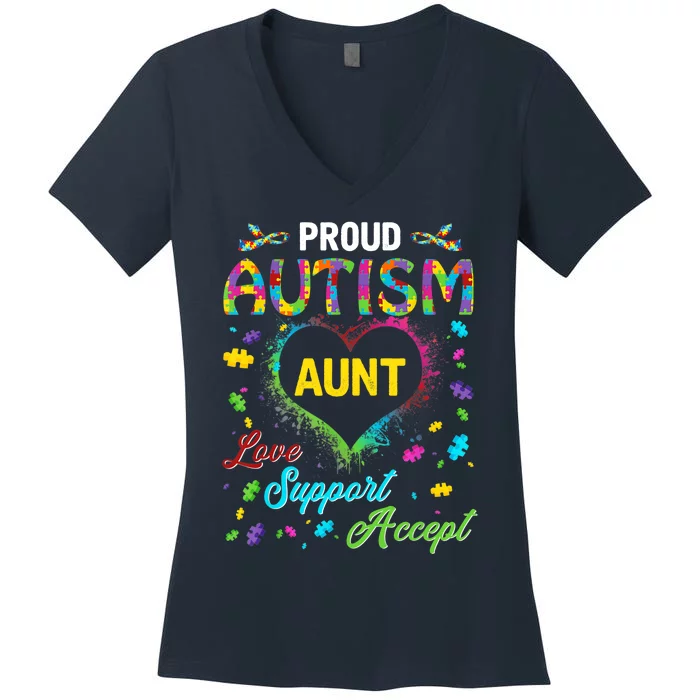 Proud Autism Aunt Love Support Accept Help Awareness Women's V-Neck T-Shirt