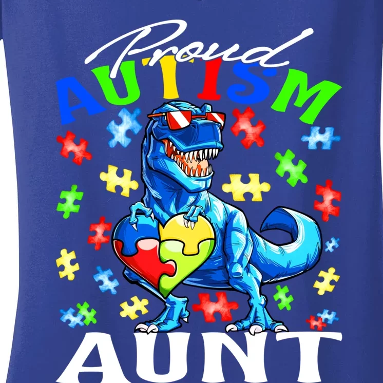 Proud Autism Aunt Dinosaur Autism Awareness Cool Gift Women's V-Neck T-Shirt