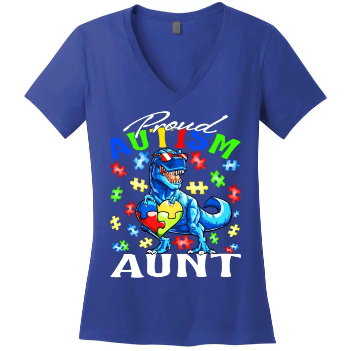 Proud Autism Aunt Dinosaur Autism Awareness Cool Gift Women's V-Neck T-Shirt