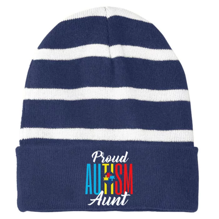 Proud Autism Aunt Awareness Support Striped Beanie with Solid Band