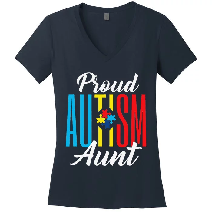 Proud Autism Aunt Awareness Support Women's V-Neck T-Shirt