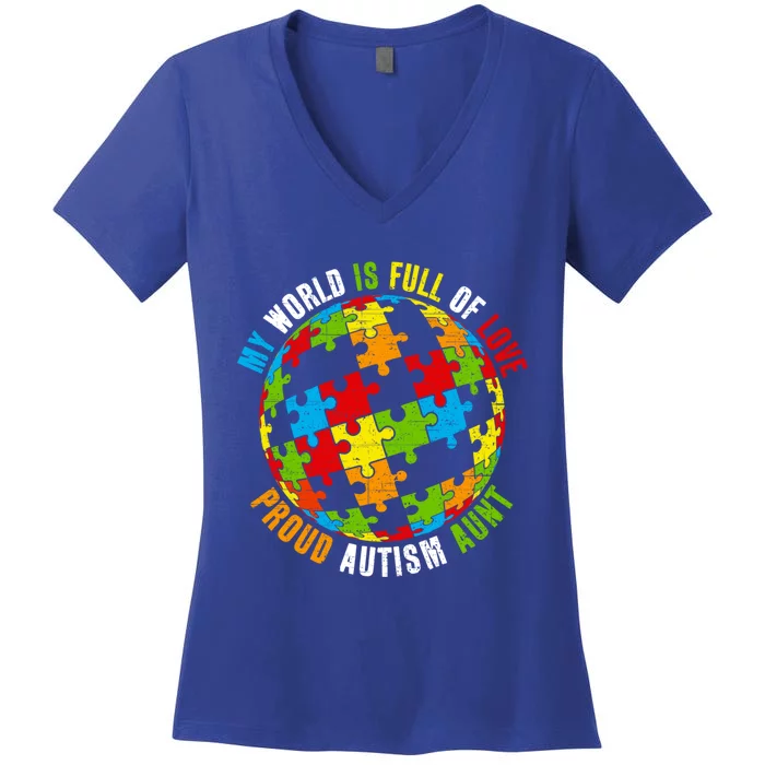 Proud Autism Aunt Puzzle World Awareness Gift Women's V-Neck T-Shirt