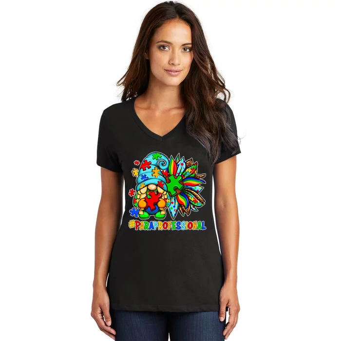 Paraprofessional Autism Awareness Gnome Sunflower Puzzles Women's V-Neck T-Shirt