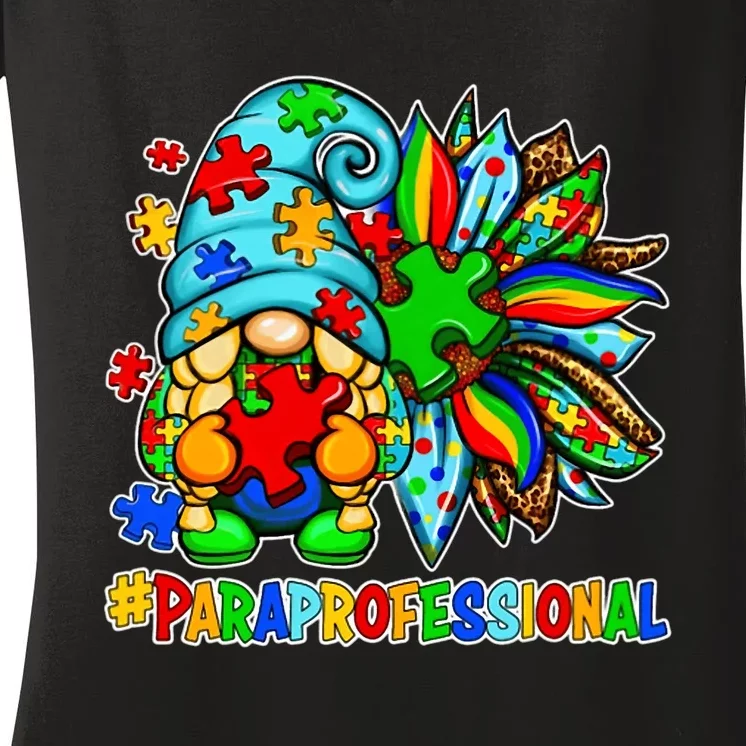 Paraprofessional Autism Awareness Gnome Sunflower Puzzles Women's V-Neck T-Shirt