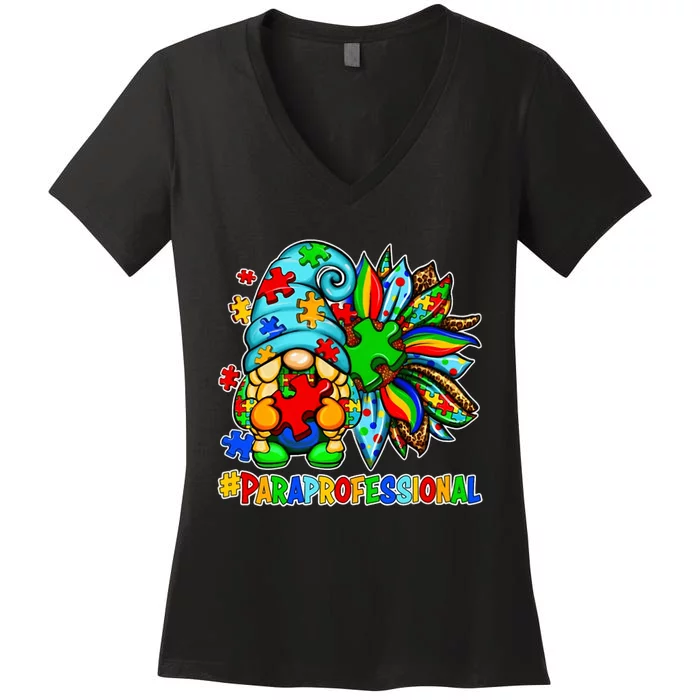 Paraprofessional Autism Awareness Gnome Sunflower Puzzles Women's V-Neck T-Shirt