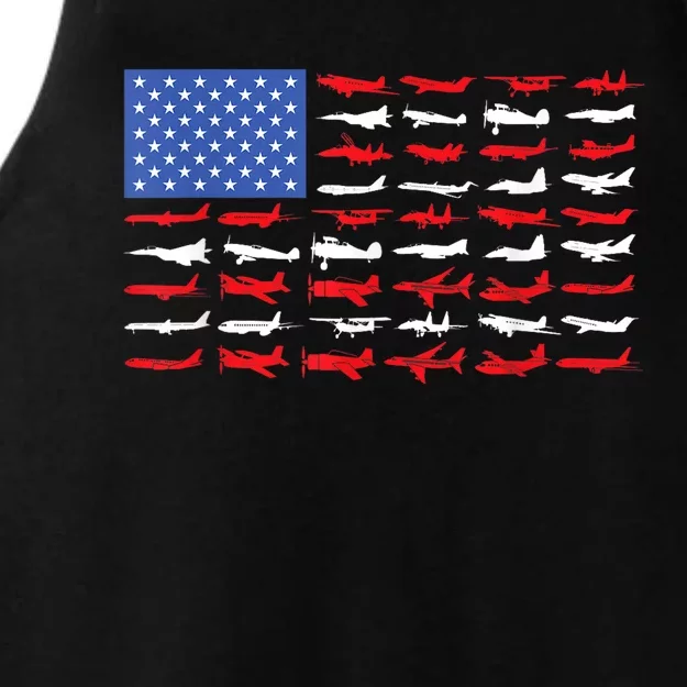 Pilot Airplane American Flag Plane Aviation Short Sleeve Ladies Tri-Blend Wicking Tank