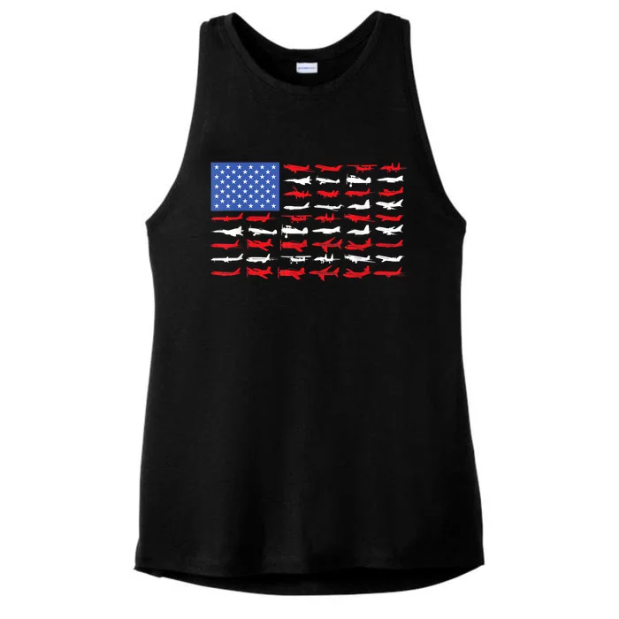 Pilot Airplane American Flag Plane Aviation Short Sleeve Ladies Tri-Blend Wicking Tank