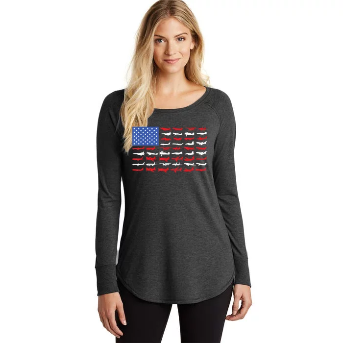 Pilot Airplane American Flag Plane Aviation Short Sleeve Women's Perfect Tri Tunic Long Sleeve Shirt