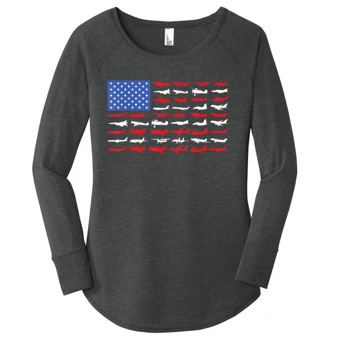 Pilot Airplane American Flag Plane Aviation Short Sleeve Women's Perfect Tri Tunic Long Sleeve Shirt