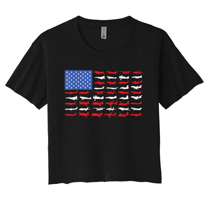 Pilot Airplane American Flag Plane Aviation Short Sleeve Women's Crop Top Tee