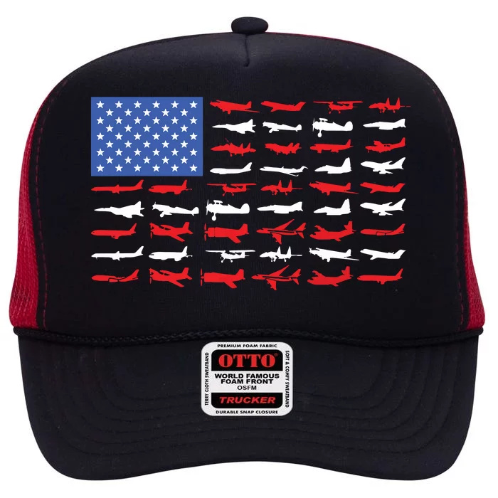 Pilot Airplane American Flag Plane Aviation High Crown Mesh Trucker Hat