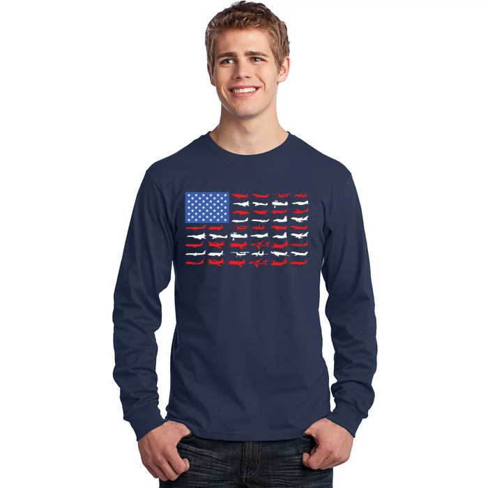 Pilot Airplane American Flag Plane Aviation Long Sleeve Shirt