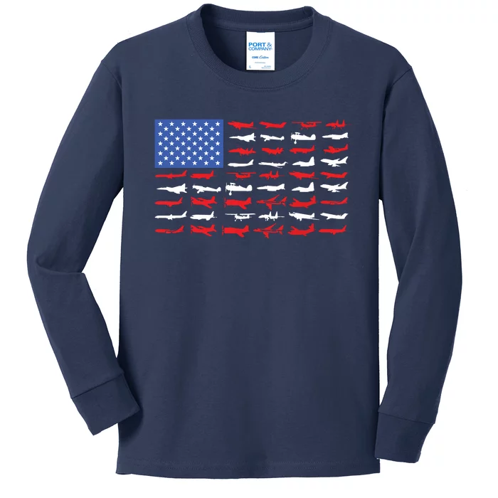 Pilot Airplane American Flag Plane Aviation Kids Long Sleeve Shirt