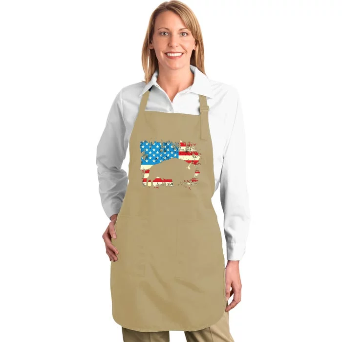 Patriotic American Bison Buffalo Lover Wildlife USA Flag Full-Length Apron With Pocket