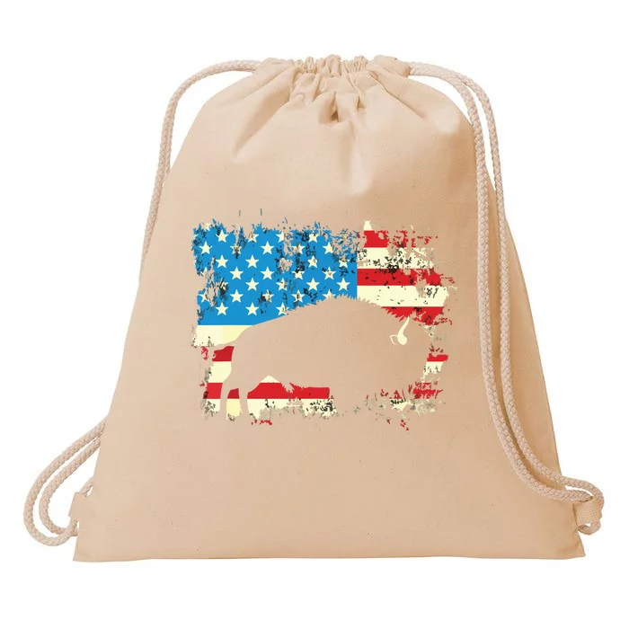 Patriotic American Bison Buffalo Lover Wildlife USA Flag Drawstring Bag