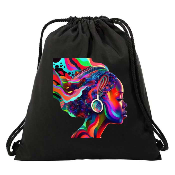 Psychedelic Art Black Woman Listening to Music Black 's Drawstring Bag