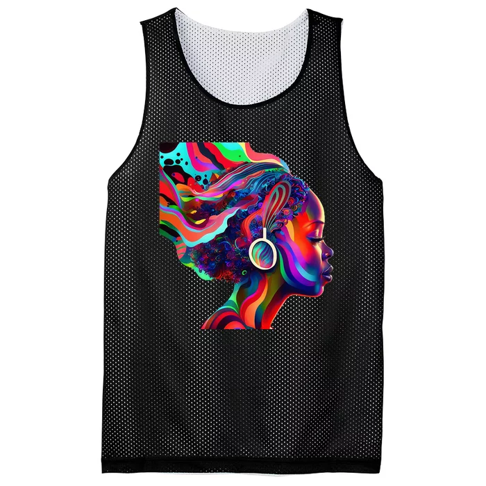 Psychedelic Art Black Woman Listening to Music Black 's Mesh Reversible Basketball Jersey Tank