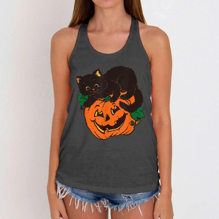 Pumpkin And Black Cat Halloween Vintage Costume Women's Knotted Racerback Tank