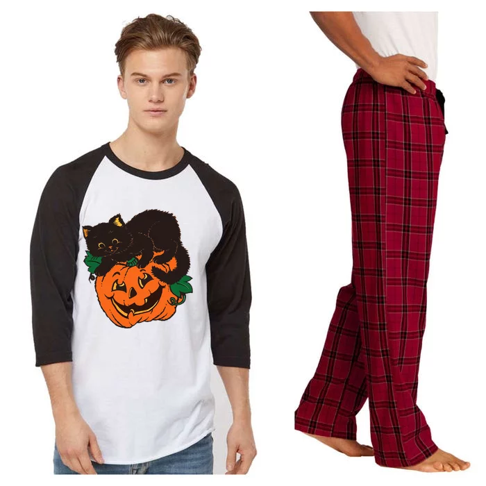 Pumpkin and Black Cat Halloween Vintage Costume Raglan Sleeve Pajama Set