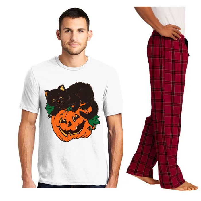 Pumpkin and Black Cat Halloween Vintage Costume Pajama Set