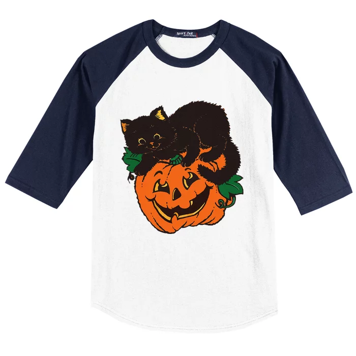 Pumpkin And Black Cat Halloween Vintage Costume Baseball Sleeve Shirt