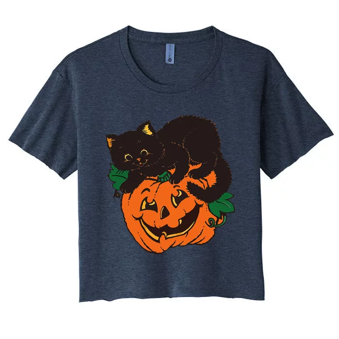 Pumpkin And Black Cat Halloween Vintage Costume Women's Crop Top Tee